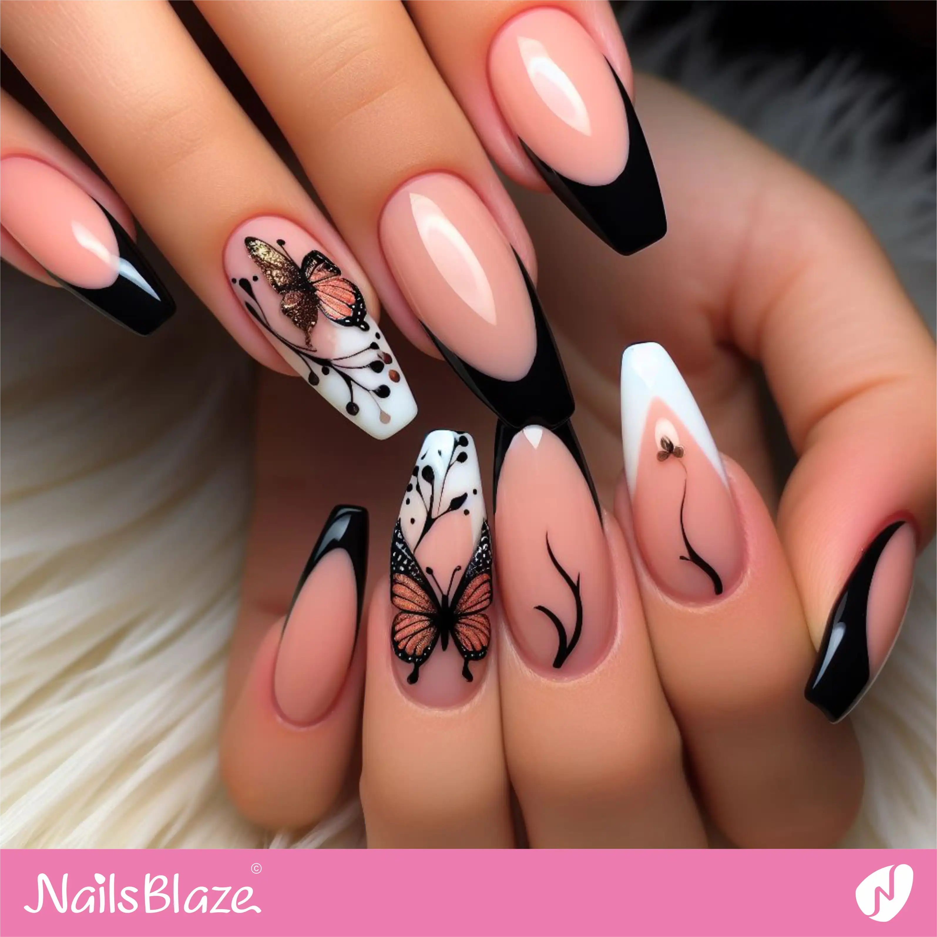 Peach Fuzz Butterfly Nails with Black and White Tips | Color of the Year 2024 - NB1785